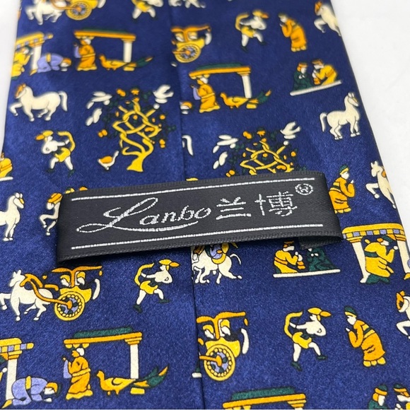 LANBO Dark Blue Cream Gold Green Chinese / Horse Print 100% Silk Neck Tie 57” - Picture 6 of 9